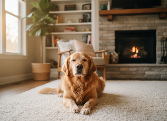 Golden Retriever liegt zufrieden auf dem Teppich im Wohnzimmer