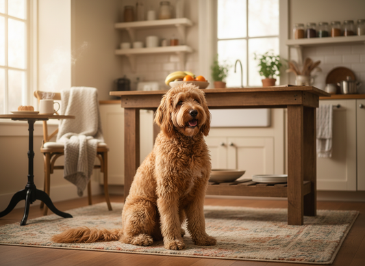 Flauschiger Goldendoodle sitzt in der gemuetlichen Kueche