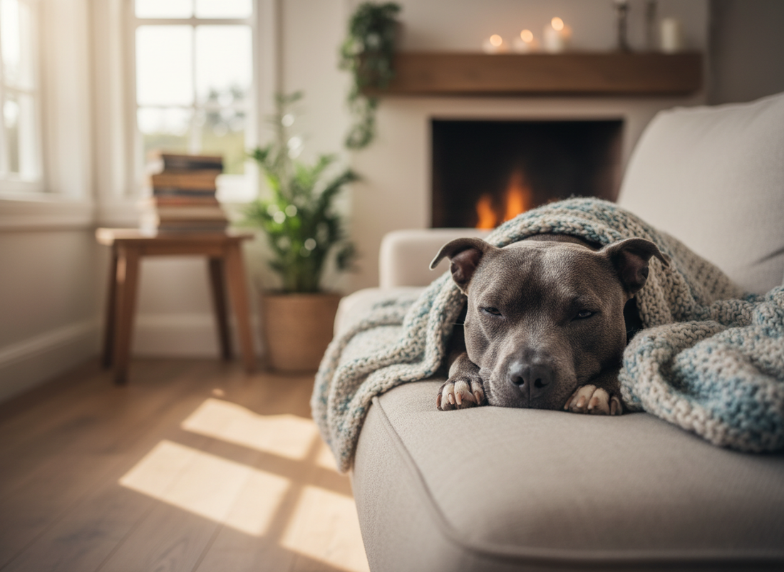 Blaugrauer Staffordshire Bullterrier ruht unter einer Decke auf dem Sofa