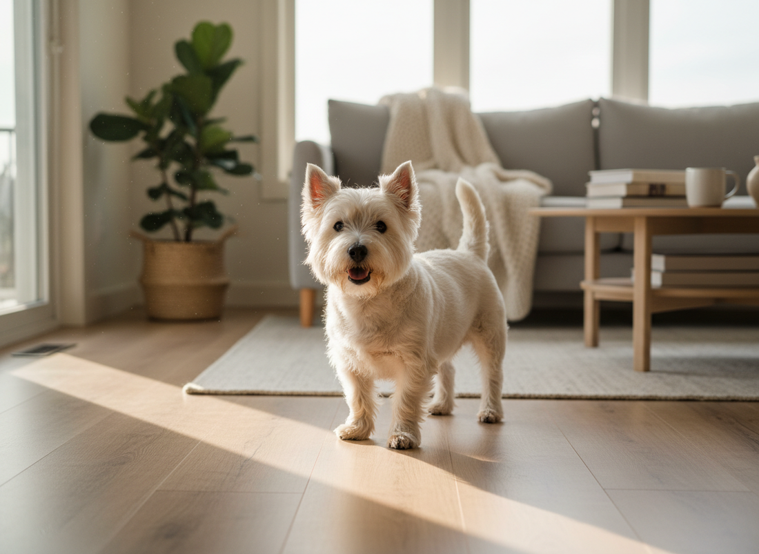West Highland White Terrier steht im hellen gemuetlichen Zuhause