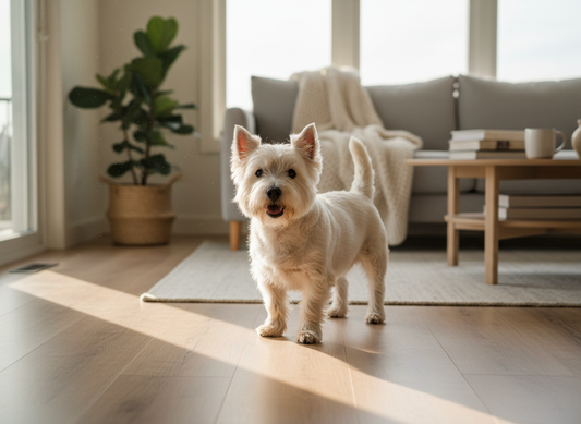 West Highland White Terrier steht im hellen gemuetlichen Zuhause