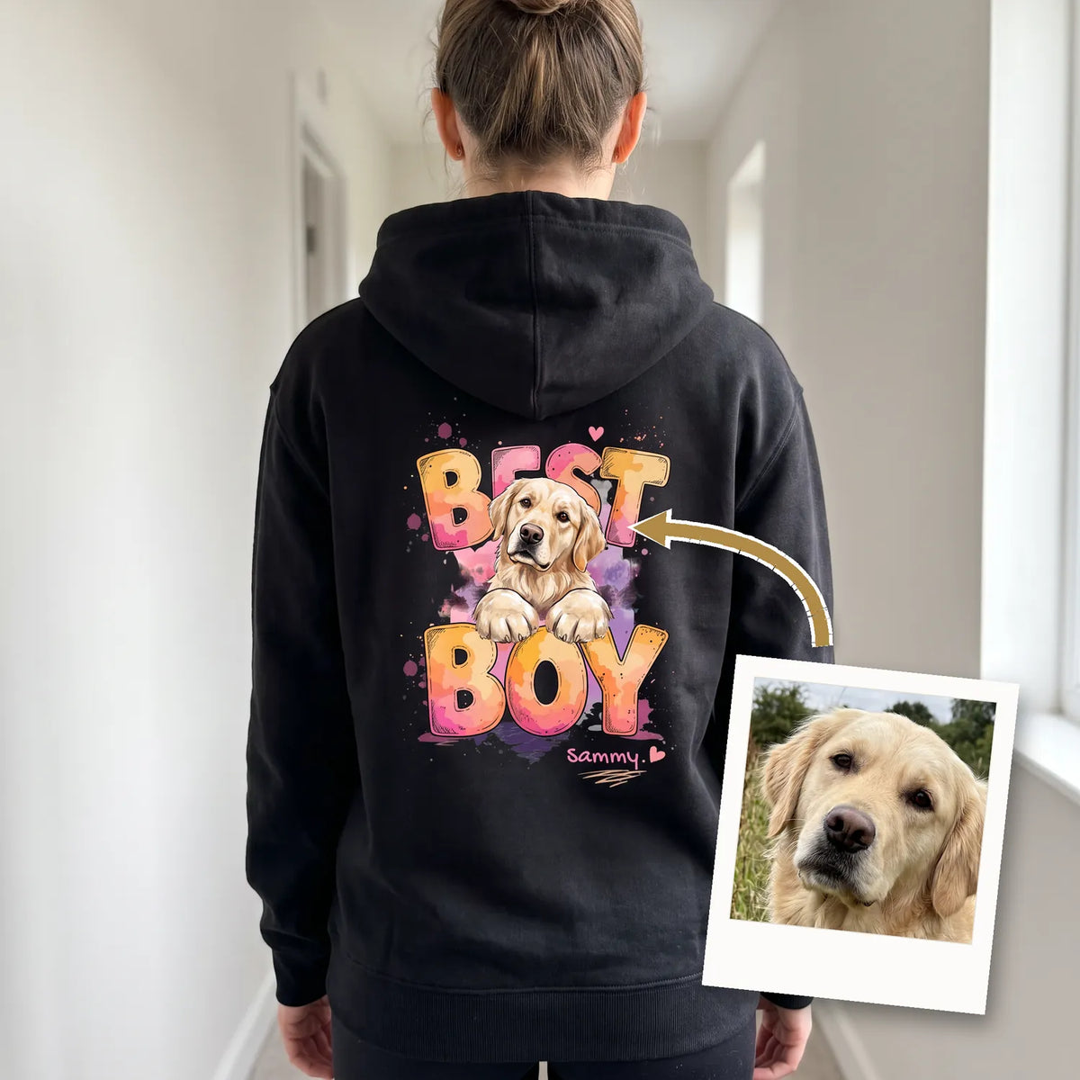 Personalisierter Hoodie mit Hund: Best Boy mit gemaltem Golden Retriever und Name, daneben das Originalfoto | Fellverliebt.store
