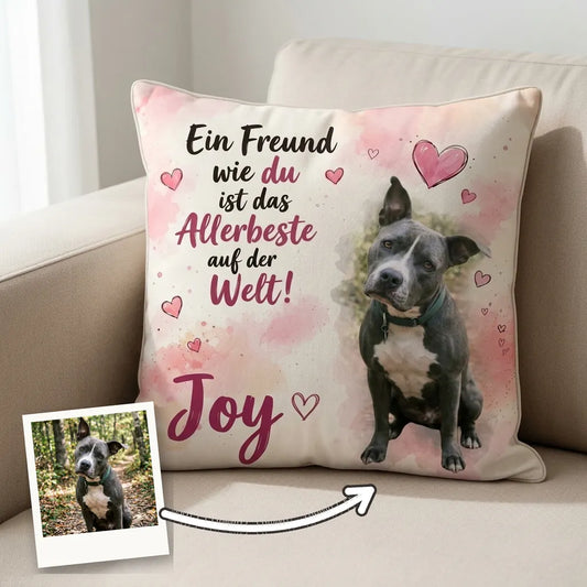 Personalisiertes Kissen mit Hund und Spruch Ein Freund wie du, daneben das Originalfoto als Polaroid | Fellverliebt.store