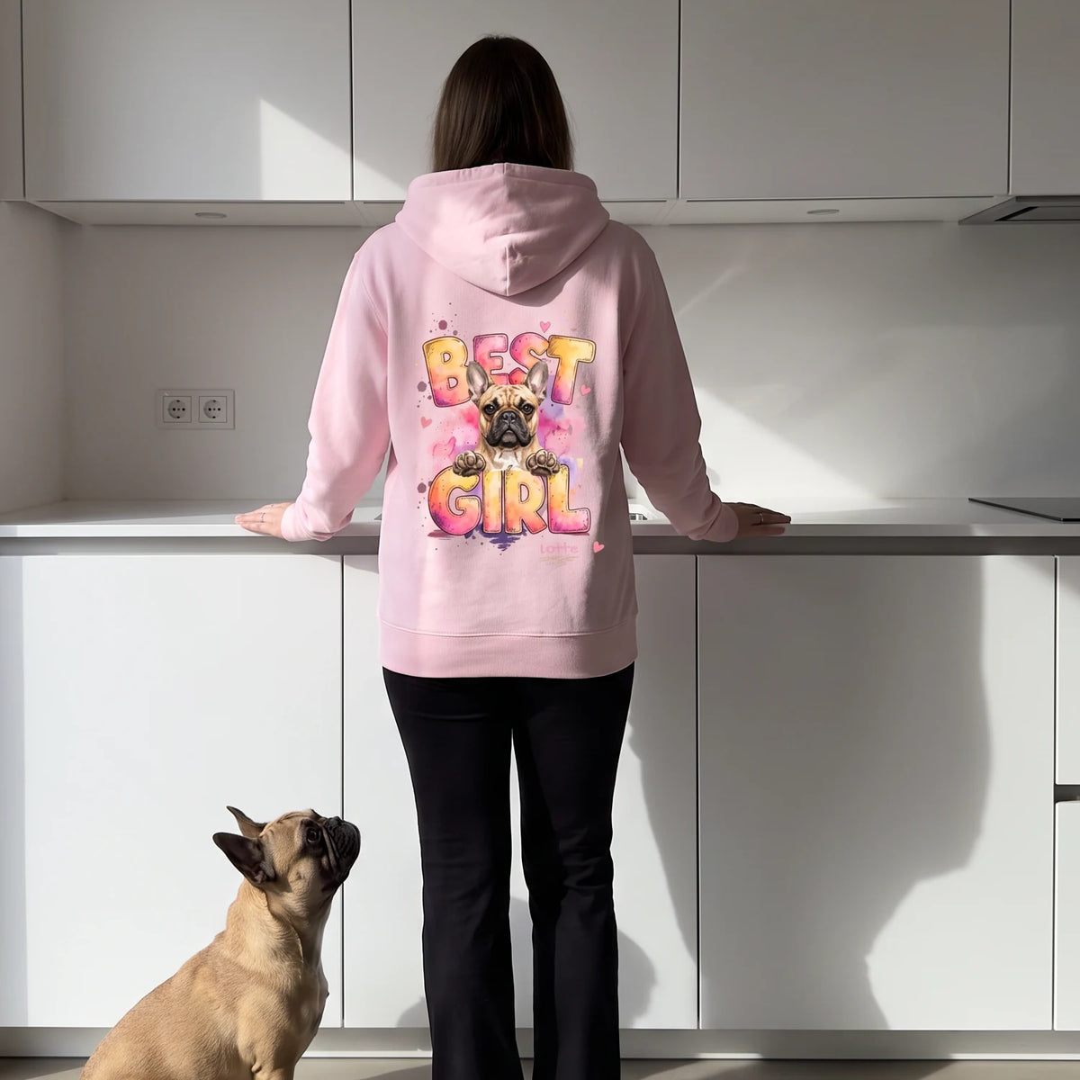 Premium Hoodie mit Hund in Rosa, Best Girl mit Französischer Bulldogge in der Küche | Fellverliebt.store