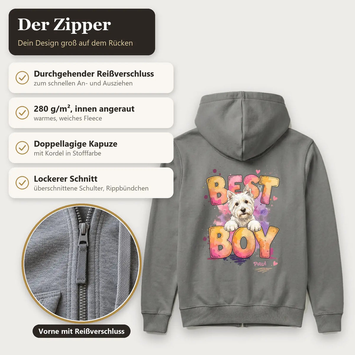 Personalisierter Zipper mit Hund auf dem Rücken und durchgehendem Reißverschluss | Fellverliebt.store