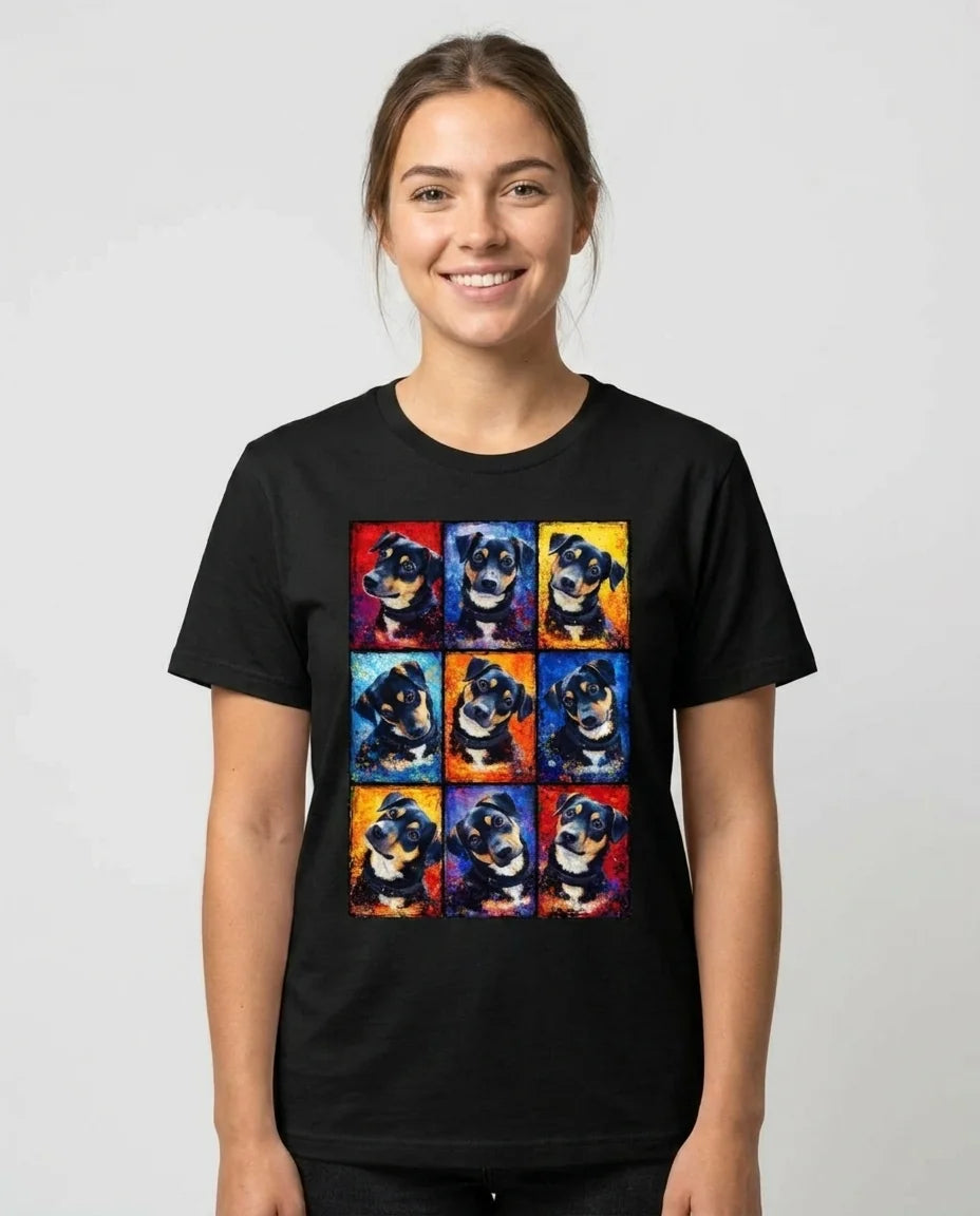 Frau trägt personalisiertes T-Shirt mit buntem Splash-Tierportrait, Vorderansicht