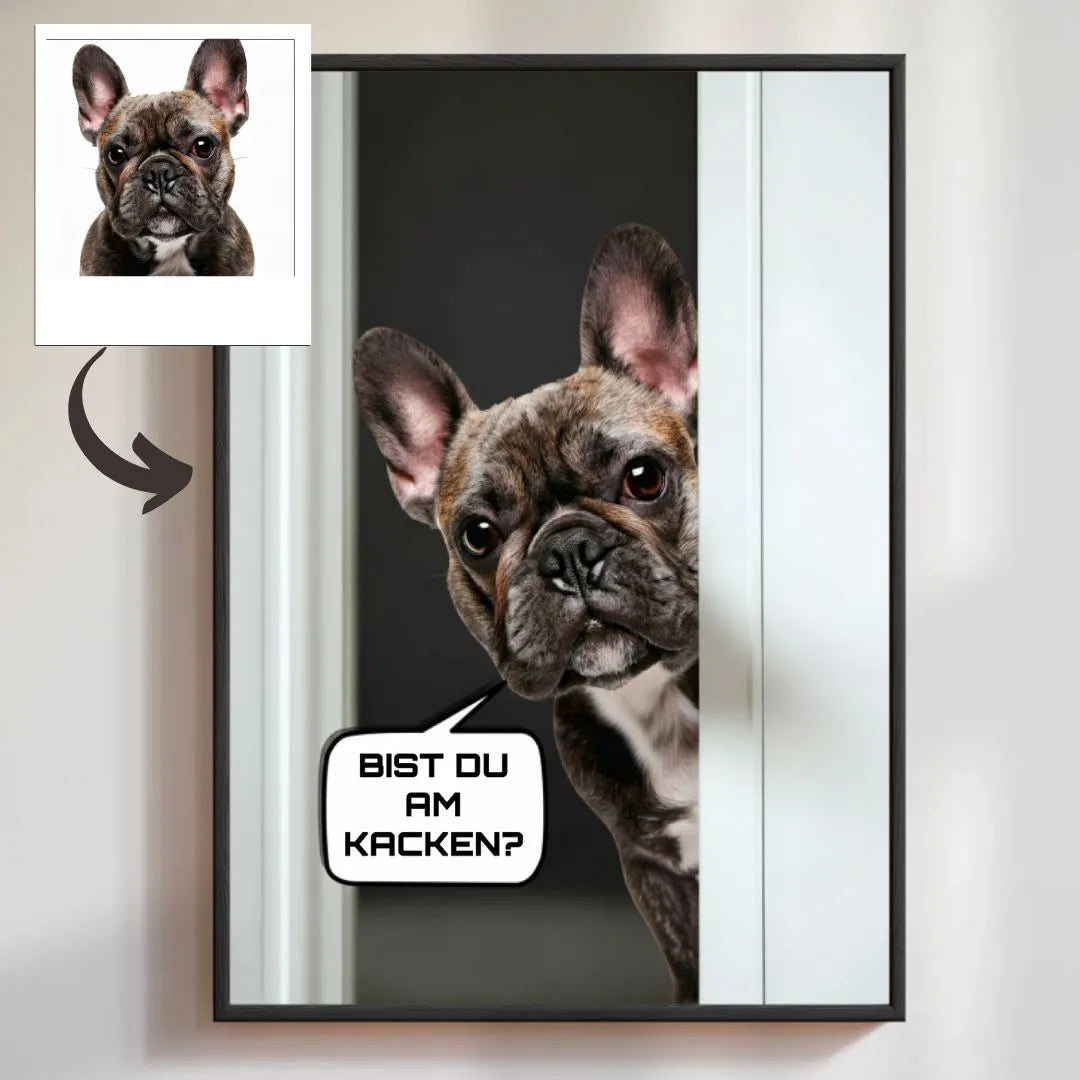 Personalisiertes Poster "ARE YOU POOPING?" mit einem neugierigen Hund, tolles Geschenk für Haustierbesitzer.