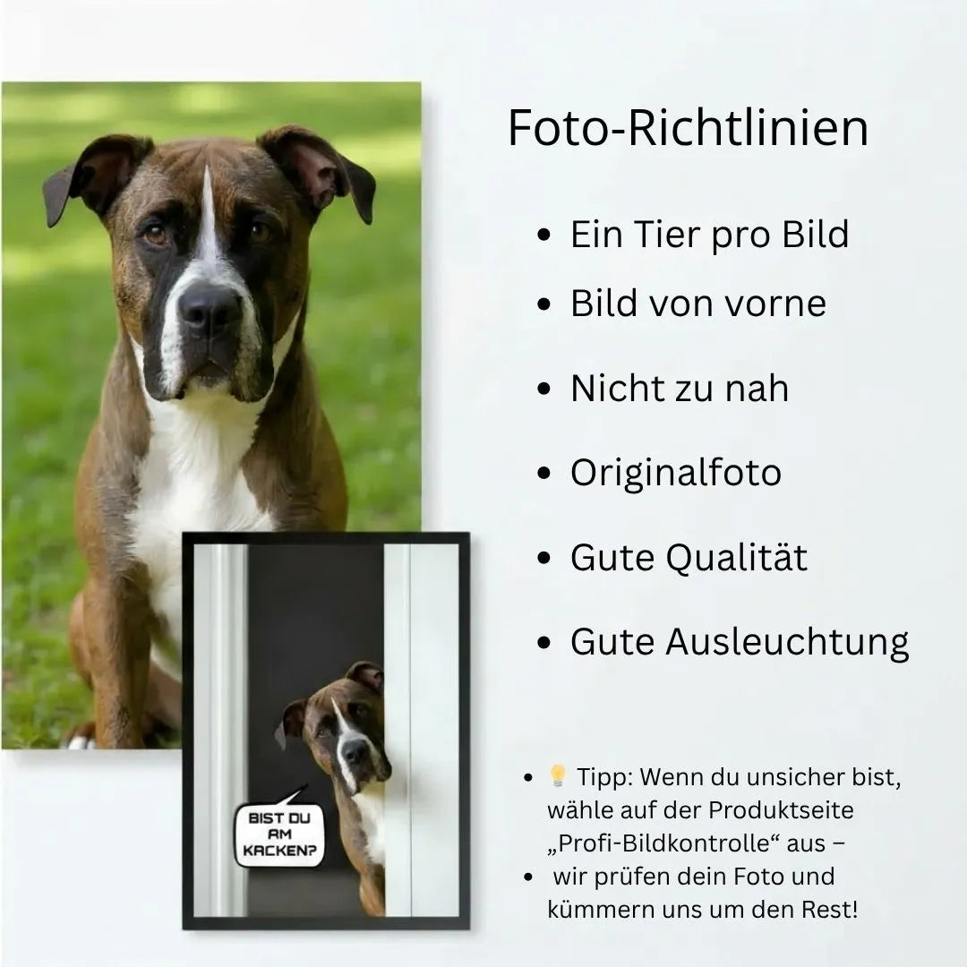 Personalisiertes Poster "ARE YOU POOPING?" mit Hundebild und Fotogrundlinien.