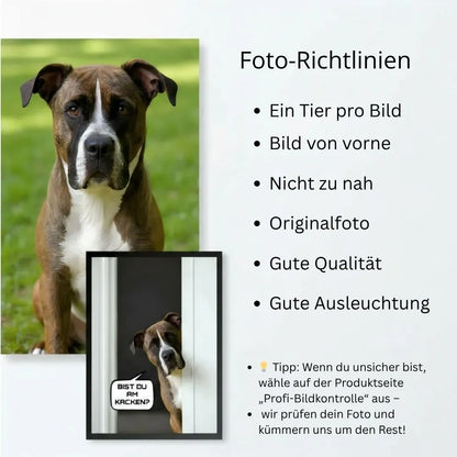 Personalisiertes Poster "ARE YOU POOPING?" mit Hundebild und Fotogrundlinien.
