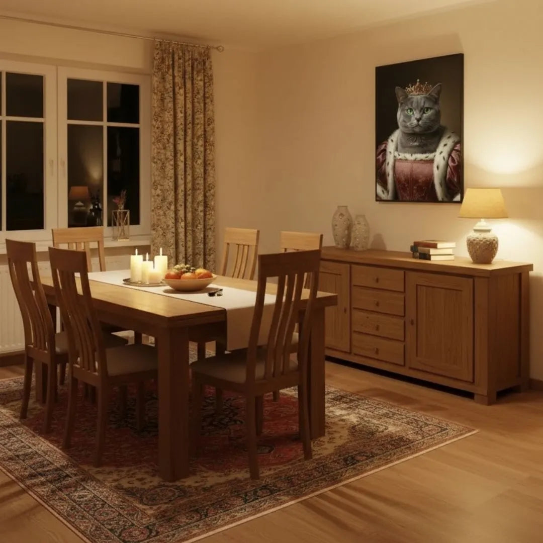 Personalisiertes Poster –  "Royal Portrait" als stilvolles Kunstwerk in einem Wohnzimmer mit elegantem Tisch und Stühlen.