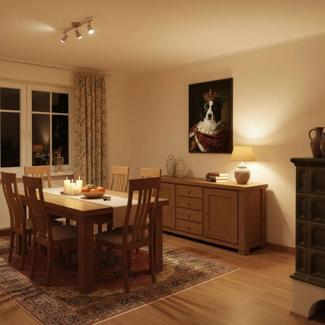 Personalisiertes Poster –  "Royal Portrait" eines Hundes als stilvolles Kunstwerk in modernen Esszimmer.