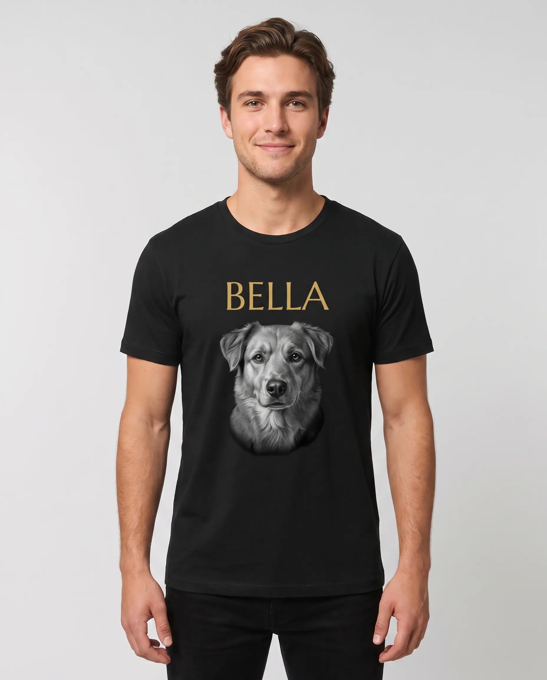 Homme portant un t-shirt personnalisé avec portrait d'animal imprimé devant