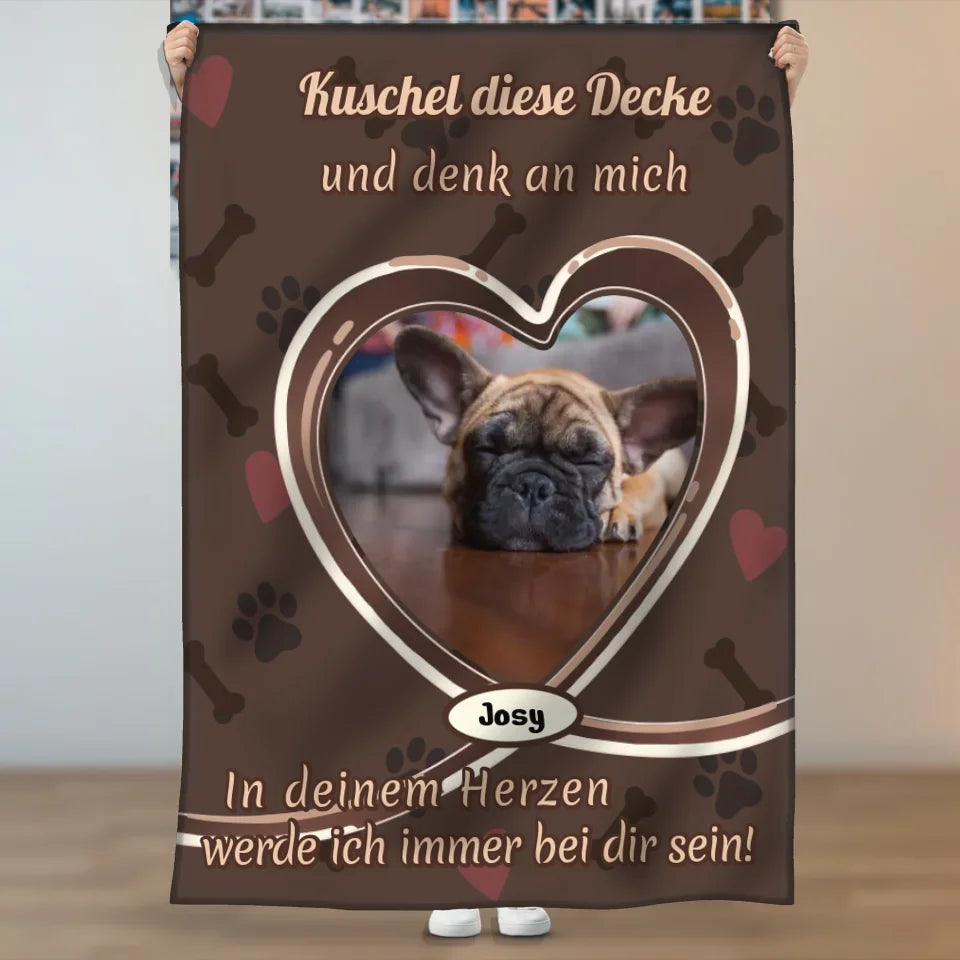 Personalisierte Gedenkdecke mit Hundebild – Herzmotiv und emotionaler Spruch für Haustierbesitzer