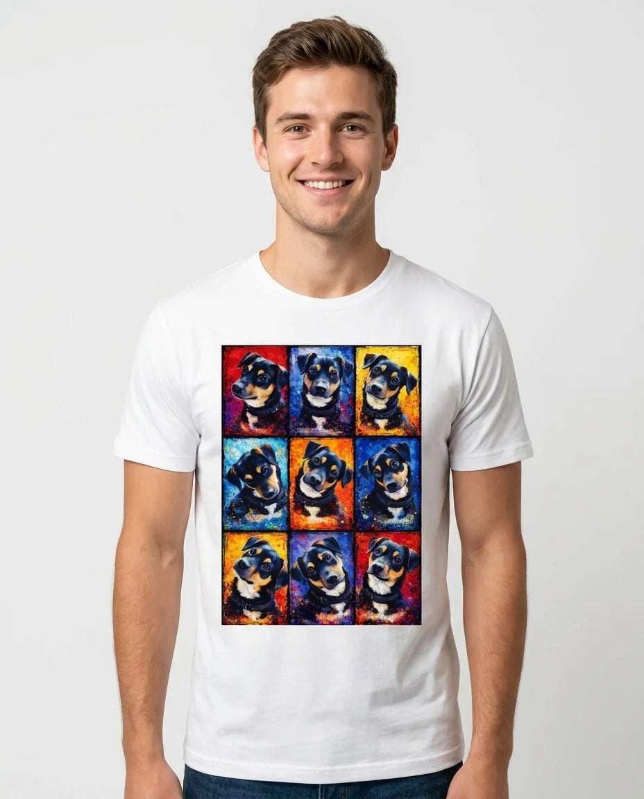Mann trägt weißes personalisiertes T-Shirt mit buntem Splash-Tierportrait