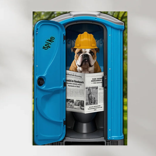 Witziges Poster: Hund bei der Klopause – personalisierbar mit Namen & Zeitungsmotiv