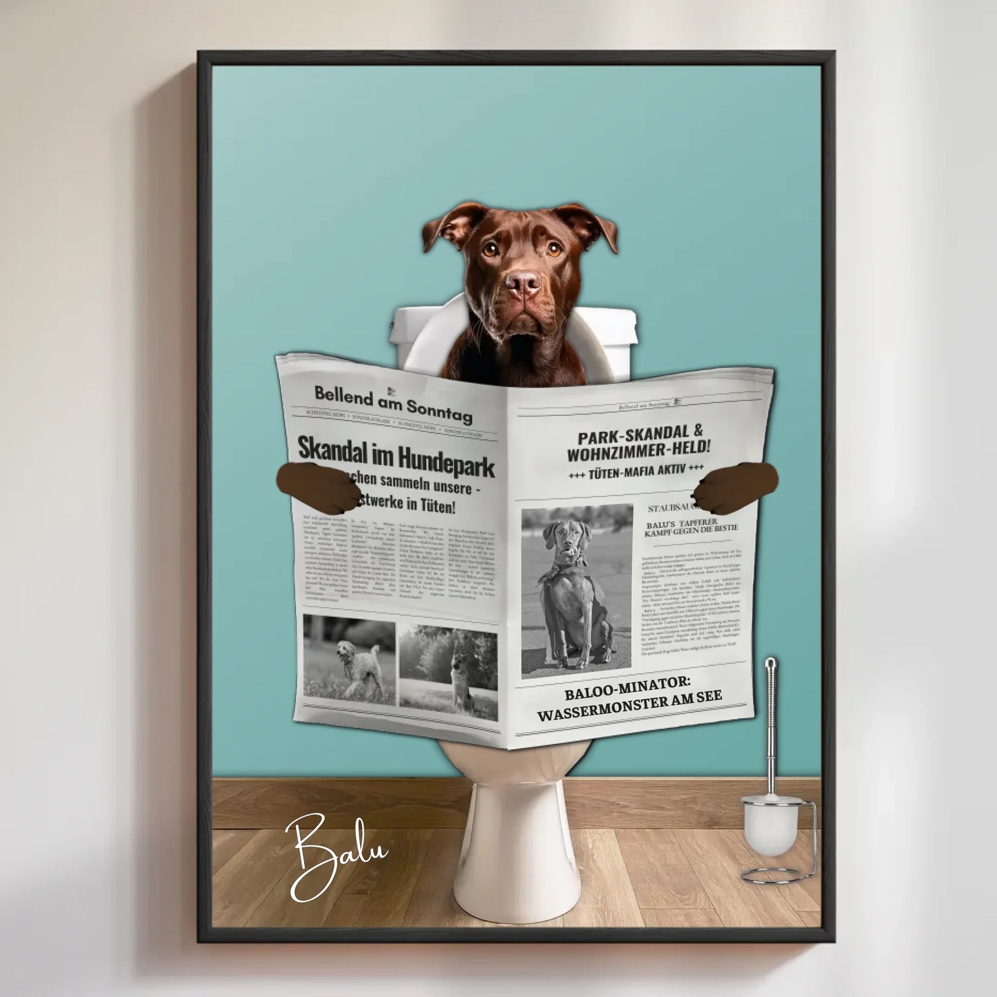 Hund auf Toilette mit Zeitung – personalisiertes Poster für Humor im Badezimmer