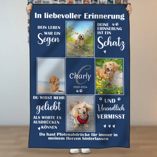 Personalisierte Decke "In liebevoller Erinnerung" Personalisierte Decke "In liebevoller Erinnerung" Gestalte deine eigene Kuscheldecke mit Lieblingsbild & Namen. Perfektes Geschenk für gemütliche Erinnerungen.