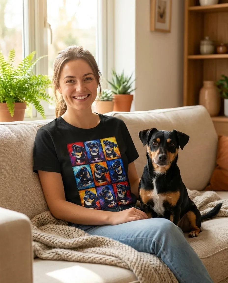 Frau mit Hund trägt personalisiertes T-Shirt mit buntem Tierportrait im Splash-Stil
