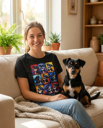 Frau mit Hund trägt personalisiertes T-Shirt mit buntem Tierportrait im Splash-Stil