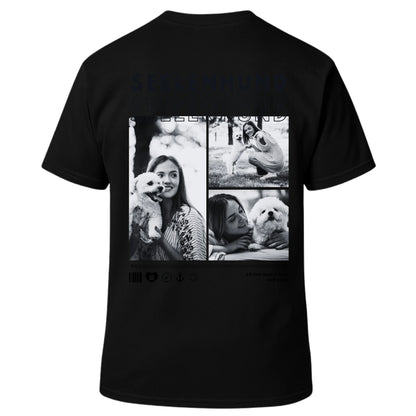 Personalisiertes T-Shirt "Seelenhund" mit individuellen Fotos auf dem Rücken, ideal als Geschenk.