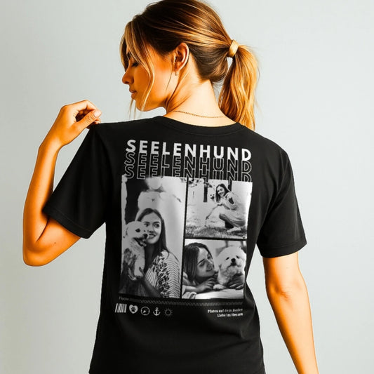 Personalisertes T-Shirt 'Seelenhund' mit Bildern und Text auf schwarzem Hintergrund, perfekt für Männer und Frauen.
