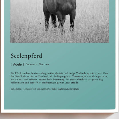 Personalisiertes Poster mit dem Titel 'Seelenpferd', zeigt emotionales Pferdebild und Definition.
