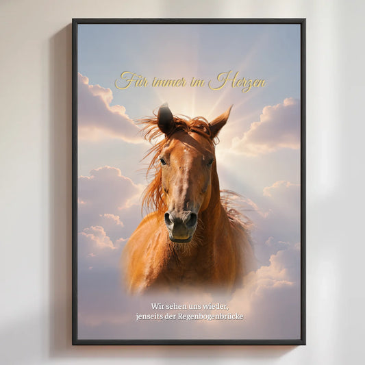 Personalisiertes Poster mit Pferd und emotionalem Spruch "Für immer im Herzen", perfekt als Geschenk.