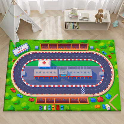 Personalisierter Spielzeugteppich - perfekt für Spielzeugautos - Autorennbahn - mit Boxengasse als Spielzeugteppich für Kinder.