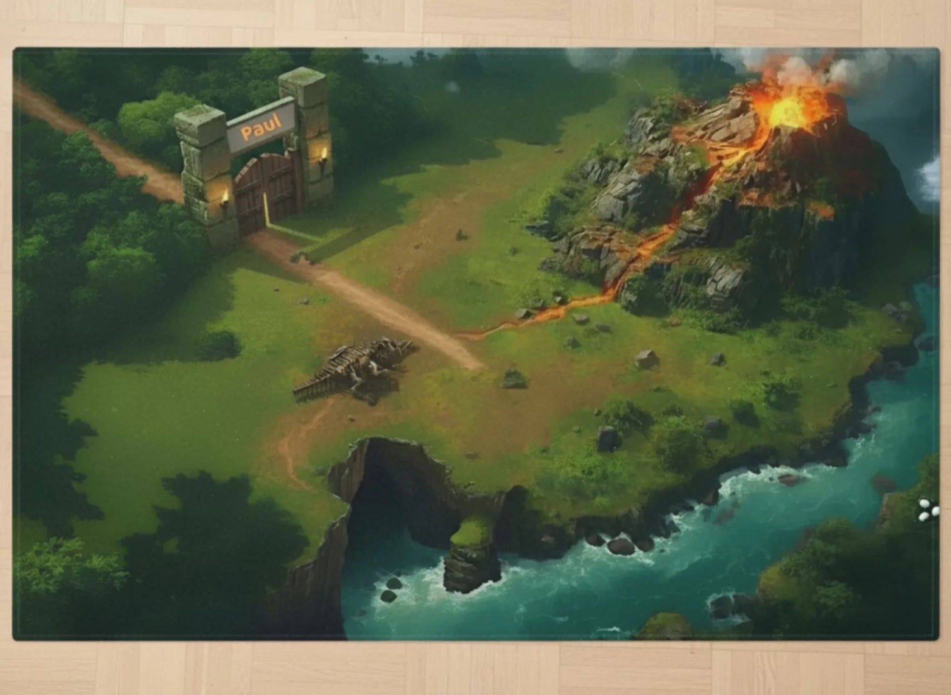 Personalisierter Spielzeugteppich – perfekt für Dinosaurier Spielzeug und Dinowelt Spielzeug, 140x90 cm, mit Vulkanlandschaft.