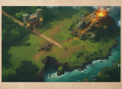 Personalisierter Spielzeugteppich – perfekt für Dinosaurier Spielzeug und Dinowelt Spielzeug, 140x90 cm, mit Vulkanlandschaft.