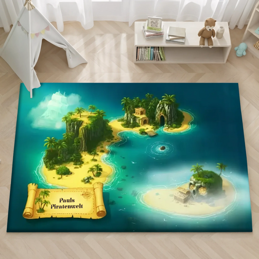 Personalisierter Spielzeugteppich – perfekt für Piraten und Piratenschiff – Kinderspielzeug, Motiv mit Schatzinsel und Piratenschiff.