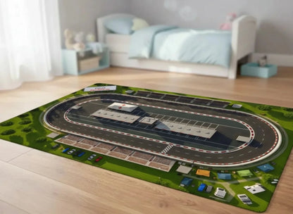 Personalisierter Spielzeugteppich - perfekt für Spielzeugautos - Autorennbahn - mit Boxengasse (Farbig) in Kinderzimmer.