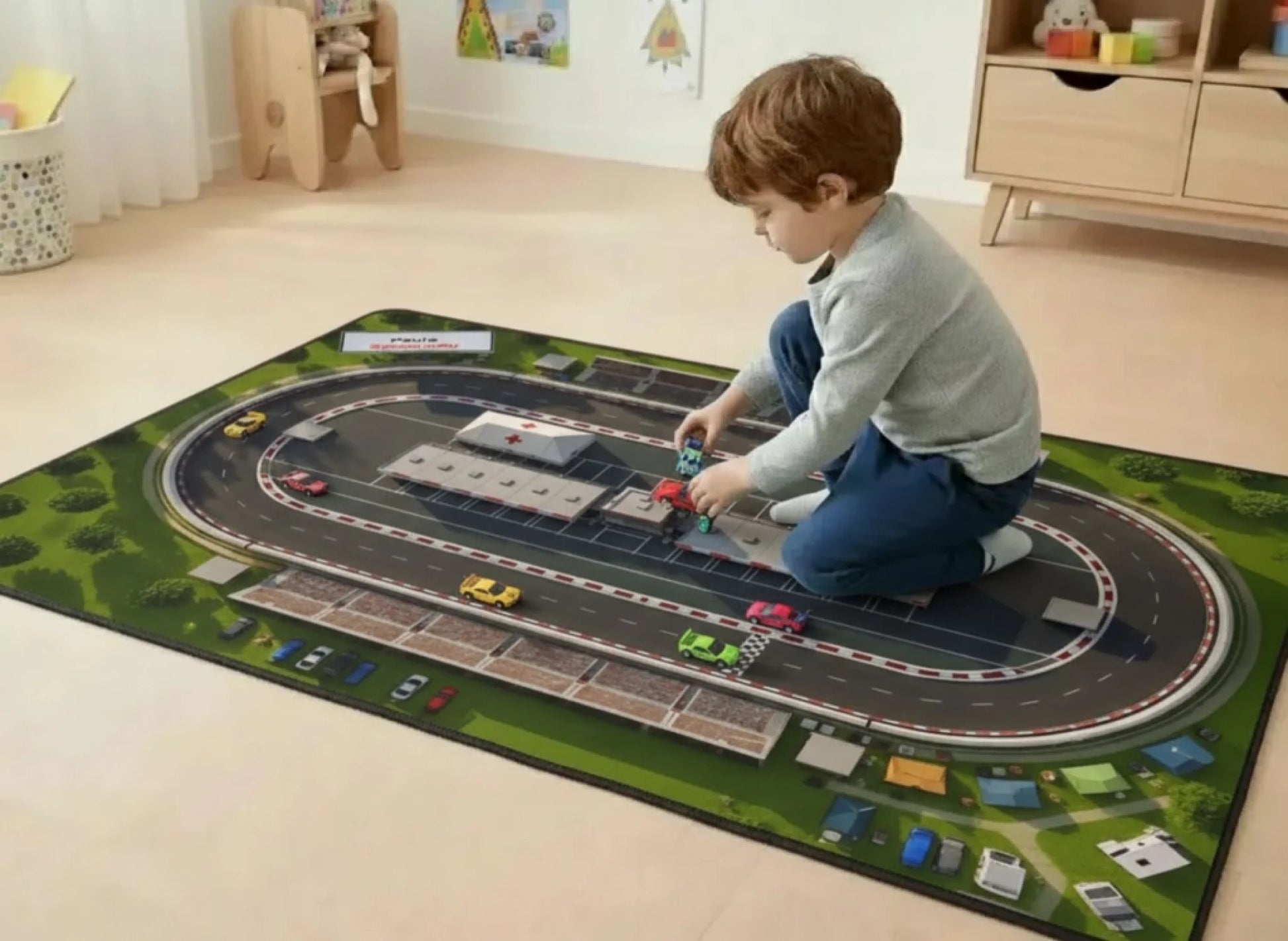 Personalisierter Spielzeugteppich - perfekt für Spielzeugautos - Autorennbahn - mit Boxengasse, ein Junge spielt darauf.
