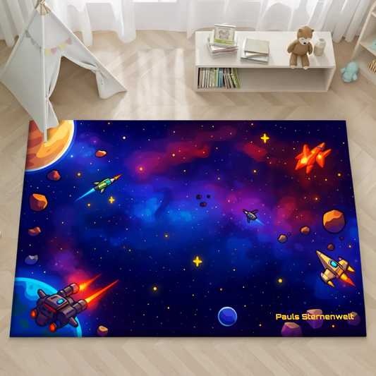 Personalisierter Spielzeugteppich – perfekt für Weltall Spielzeug und Raumschiffe (Farbig) im Kinderzimmer.