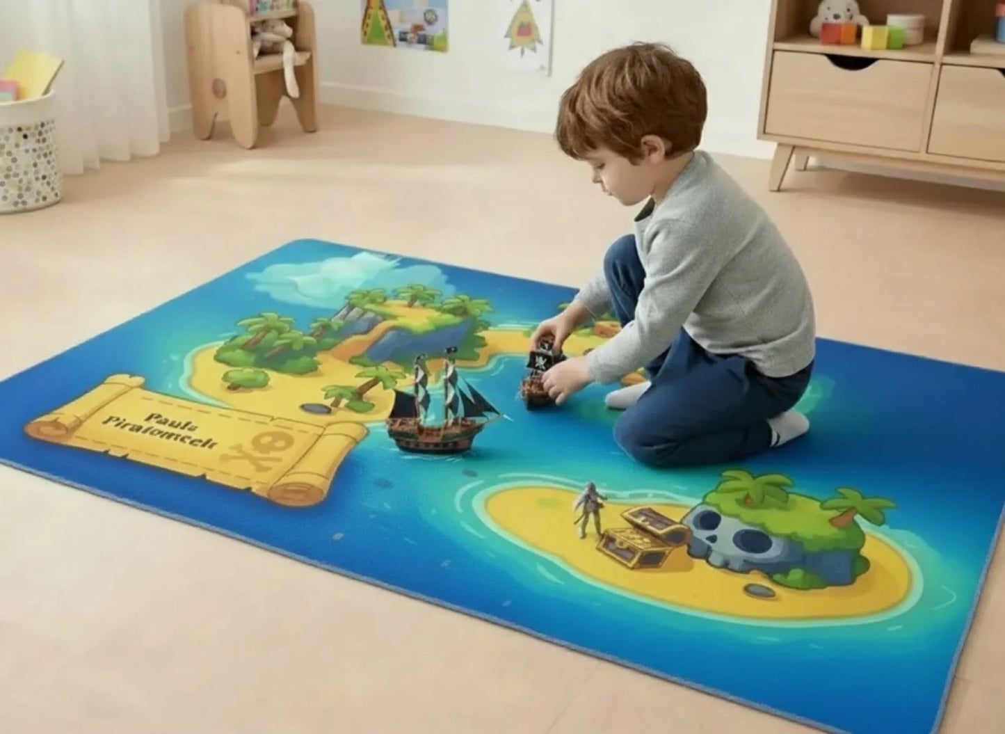Personalisierter Spielzeugteppich – perfekt für Piraten und Piratenschiff – Kinderspielzeug, Junge spielt auf Teppich.