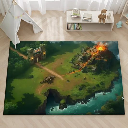 Personalisierter Spielzeugteppich – perfekt für Dinosaurier Spielzeug und Dinowelt, bunte Landschaft mit Vulkan.