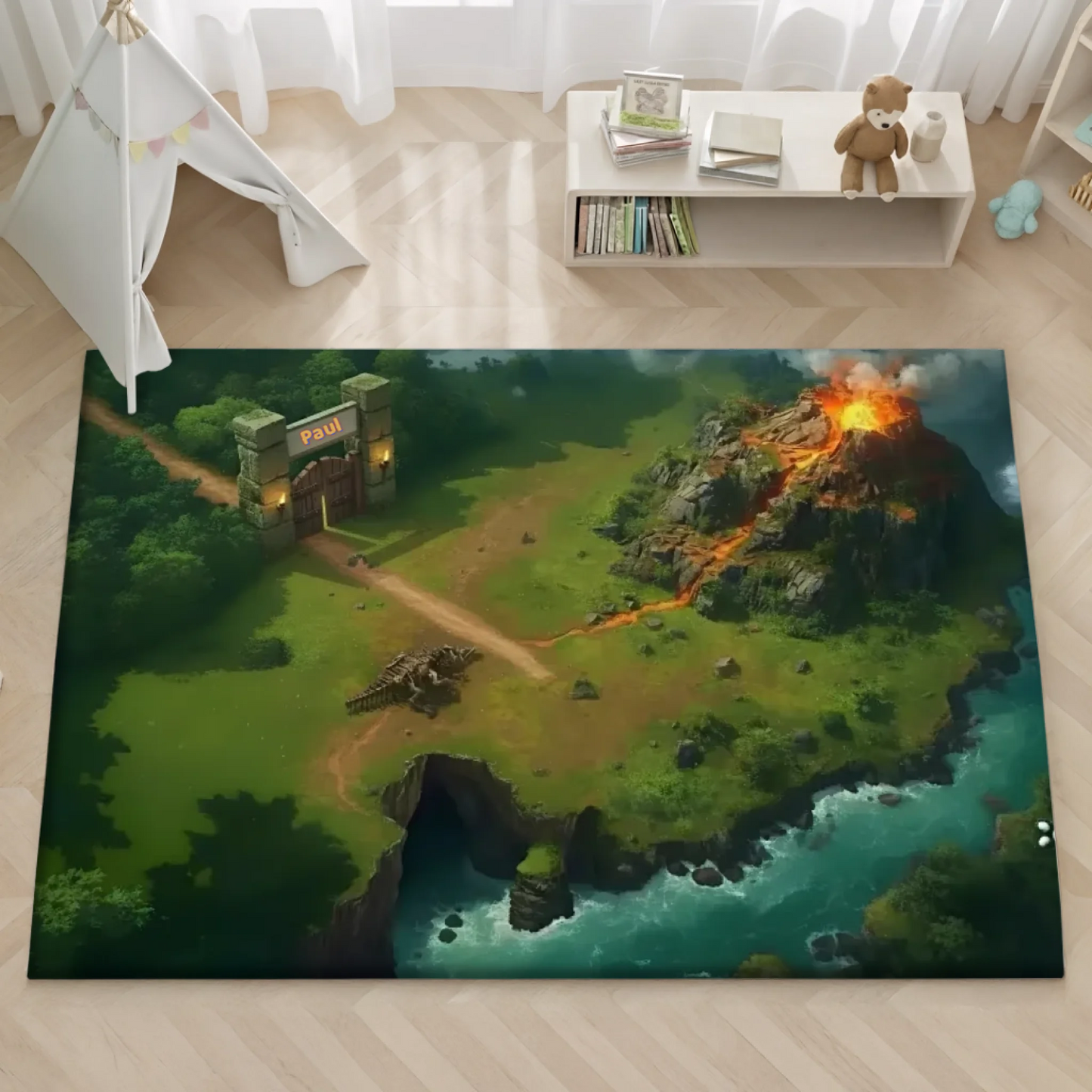 Personalisierter Spielzeugteppich – perfekt für Dinosaurier Spielzeug und Dinowelt (Farbig) auf einem Kinderzimmerboden.
