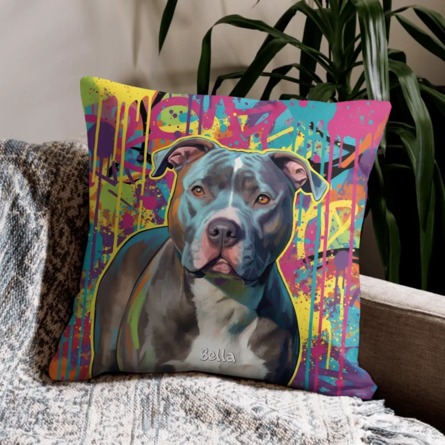 Personalisiertes Kissen - "Street-Art" mit einem kunstvollen Hundeporträt für Haustierbesitzer und Hunde- Katzenliebhaber.