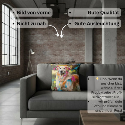 Personalisiertes Kissen - "Street-Art" mit buntem Hundemotiv auf einem modernen Sofa, perfektes Geschenk für Haustierbesitzer.