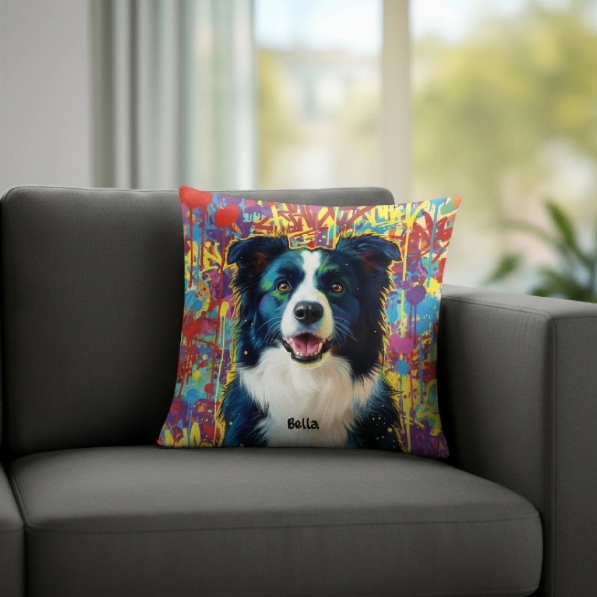 Personalisiertes Kissen - "Street-Art" mit Hundemotiv in buntem Design auf Sofa, ideales Geschenk für Haustierbesitzer.