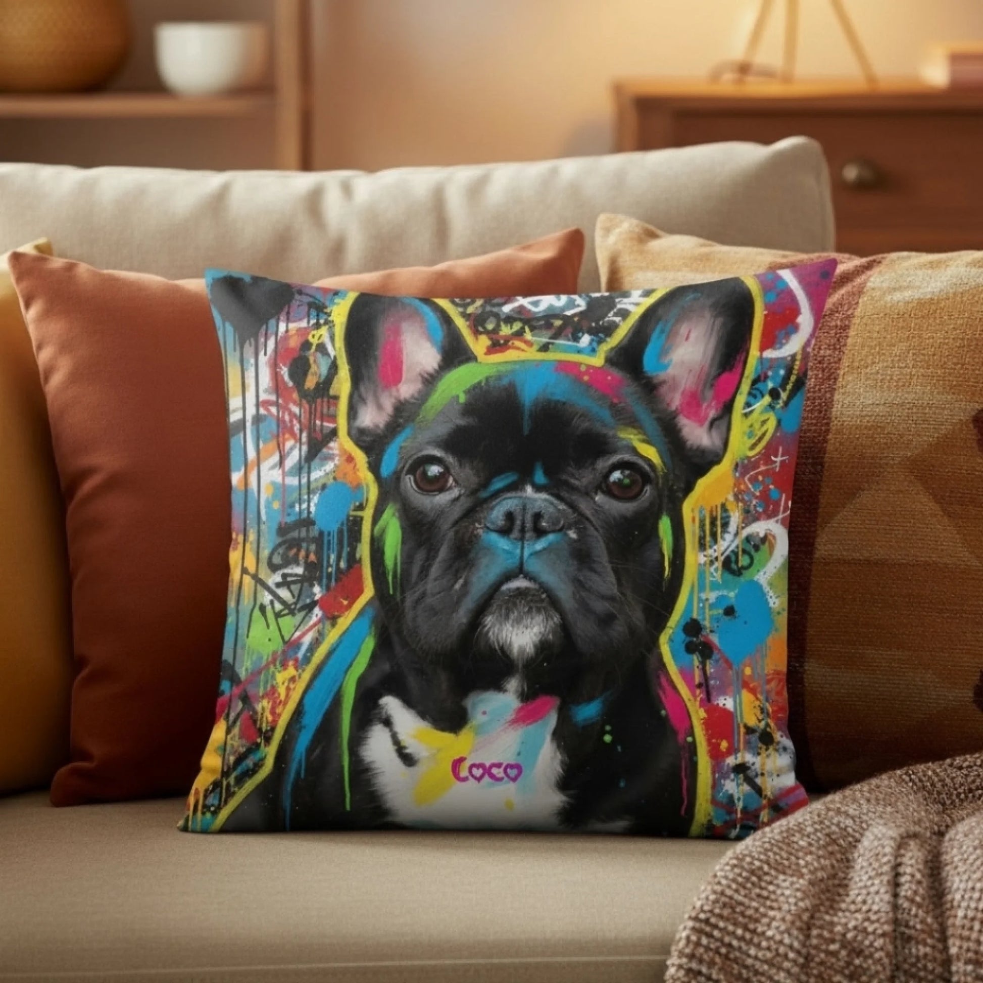 Personalisiertes Kissen - "Street-Art" mit einem bunten Hundemotiv auf einem gemütlichen Sofa, einzigartig und kuschelig.