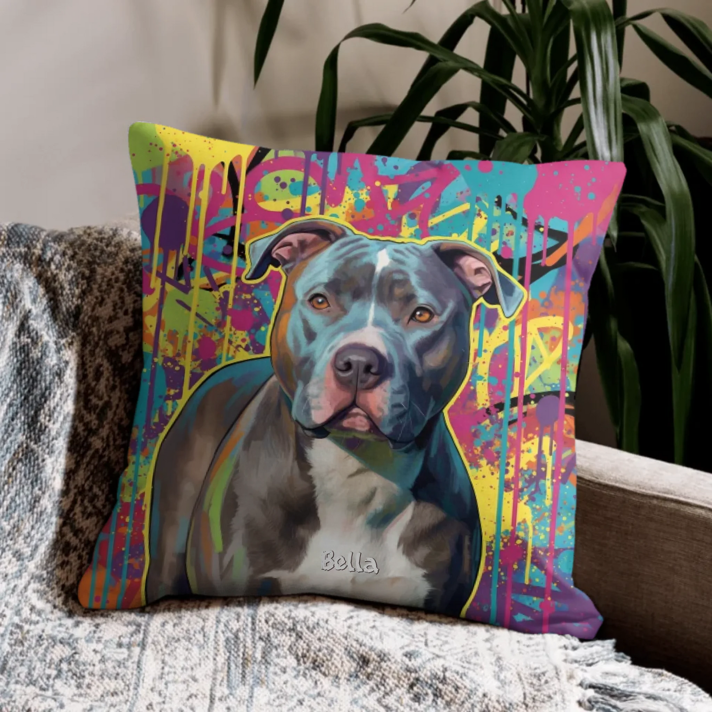 Personalisiertes Kissen - "Street-Art" mit einem bunten Druck von einem Hund. Ein tolles Geschenk für Haustierbesitzer.
