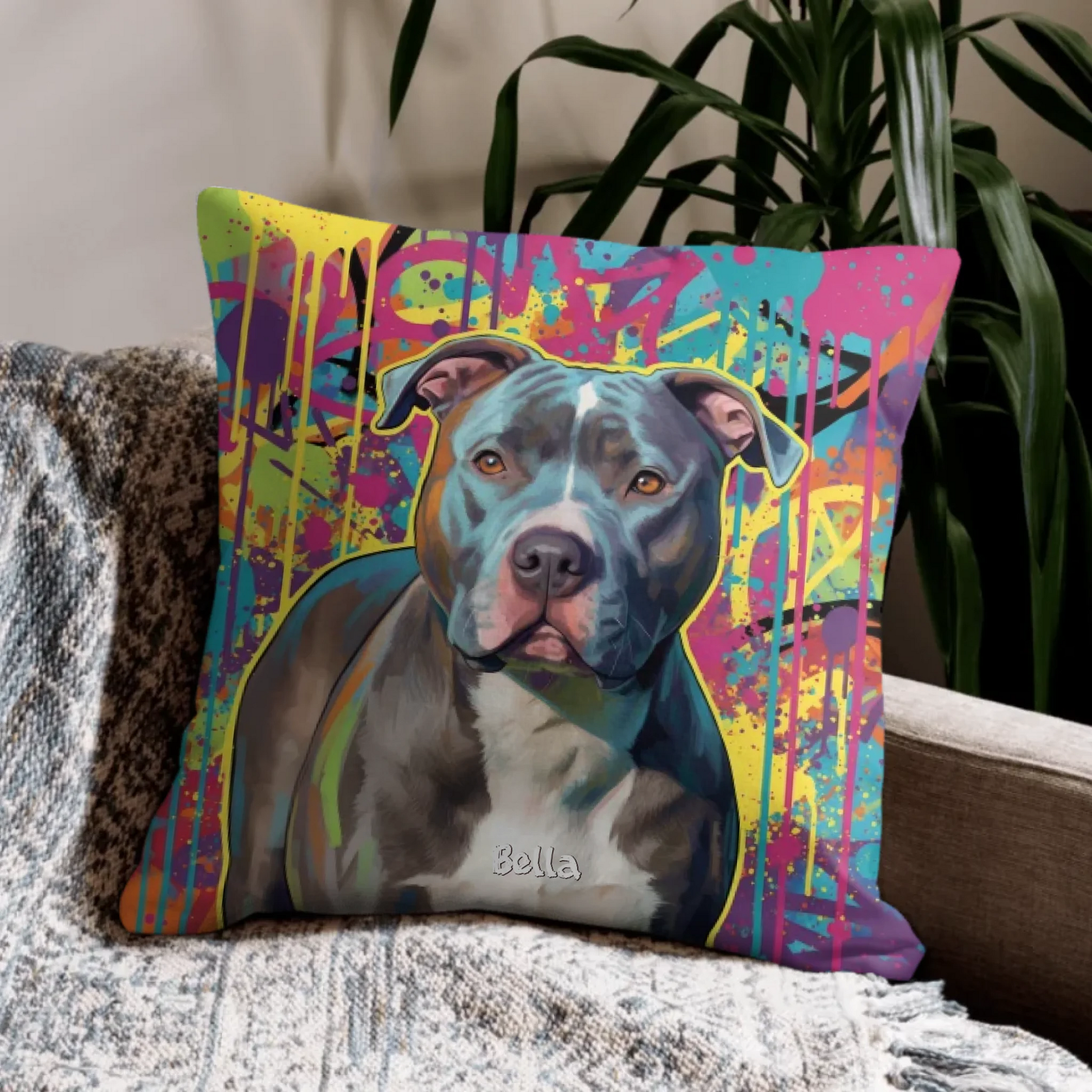 Personalisiertes Kissen - "Street-Art" mit einem bunten Druck von einem Hund. Ein tolles Geschenk für Haustierbesitzer.
