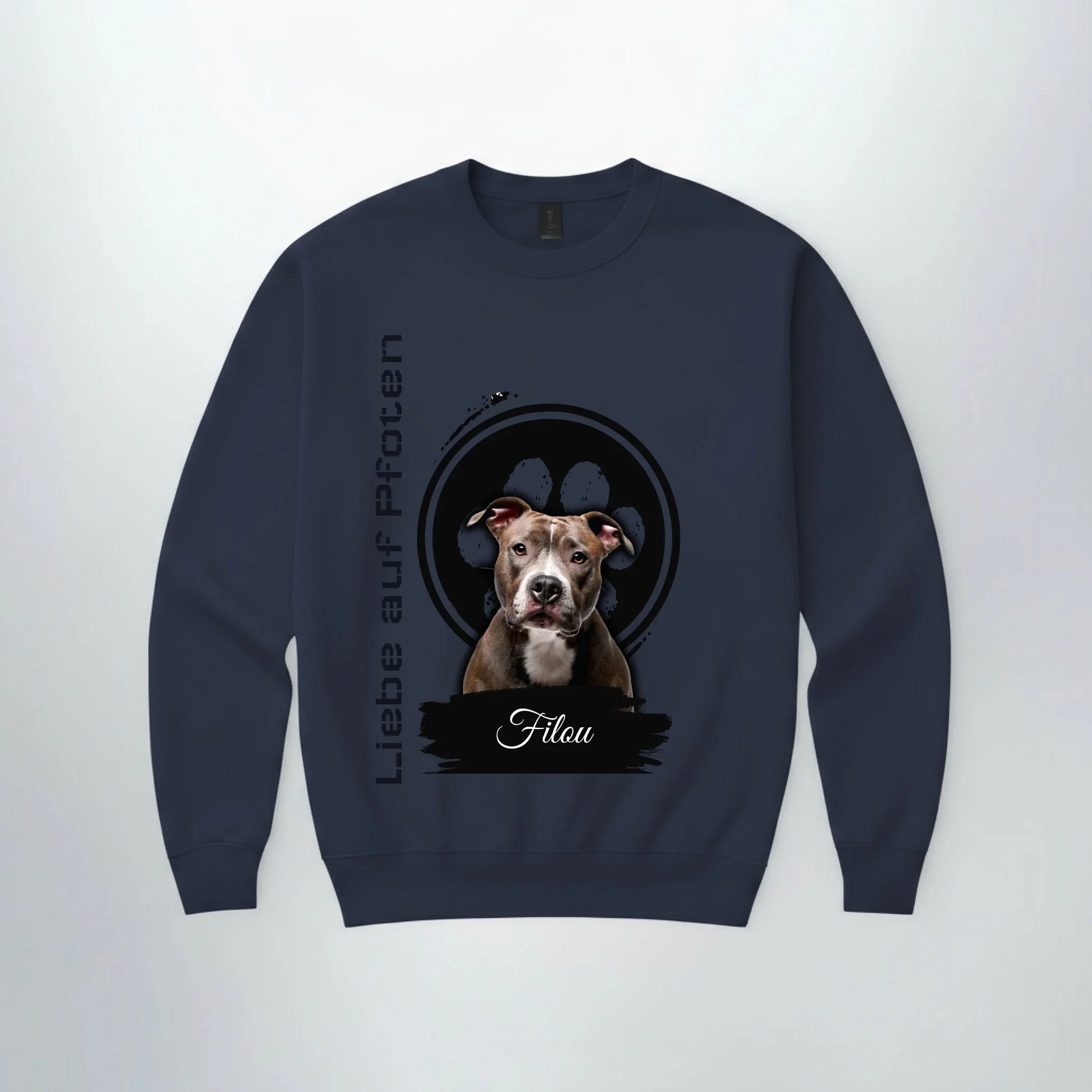 Personalisierter Sweater "Liebe auf Pfoten" mit Hundebild, ideal für Haustierbesitzer und als schönes Geschenk.