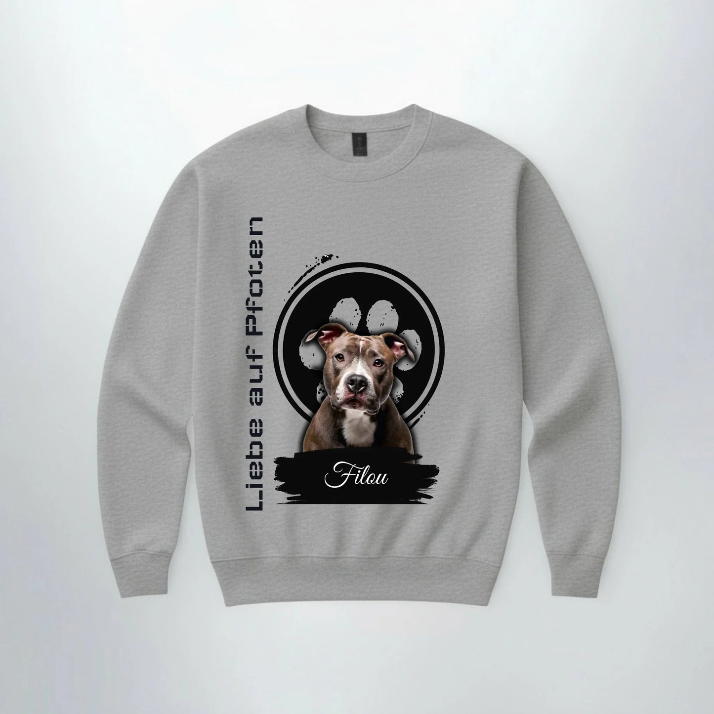 Personalisierter Sweater "Liebe auf Pfoten" mit Hundemotiv, ideales einzigartiges Geschenk für Haustierbesitzer.