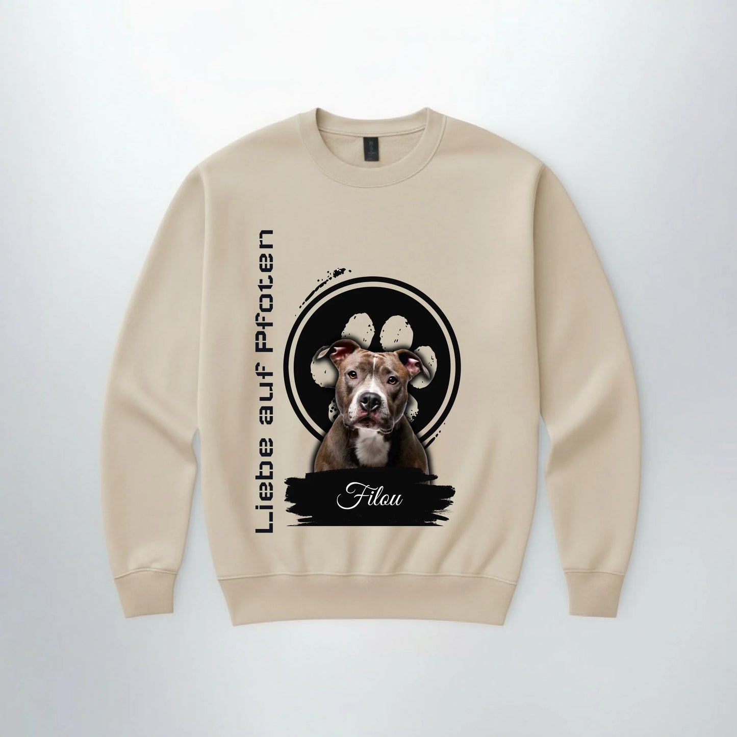 Personalisierter Sweater "Liebe auf Pfoten" mit Foto eines Hundes, ideal für Haustierbesitzer und als einzigartiges Geschenk.