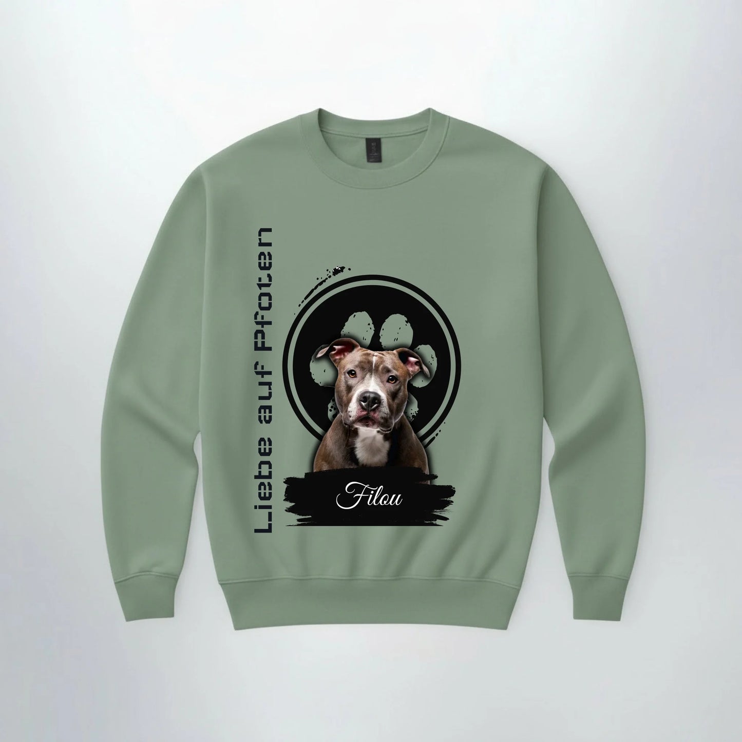 Personalisierter Sweater "Liebe auf Pfoten" mit Hundebild, ideal für Haustierbesitzer und als schönes Geschenk.