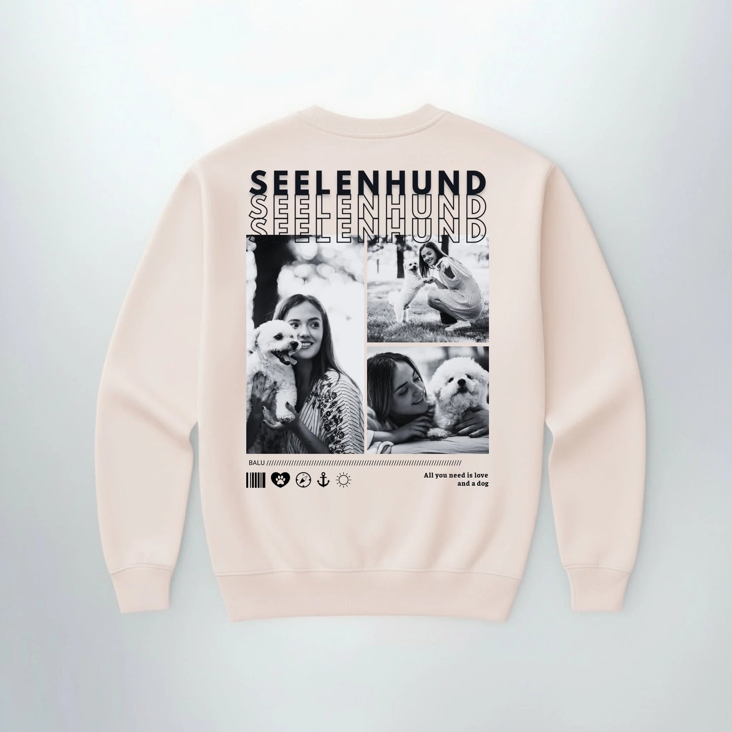 Personalisierter Sweater "Seelenhund" - backprint mit Bildern von Haustierbesitzern und ihren Hunden.