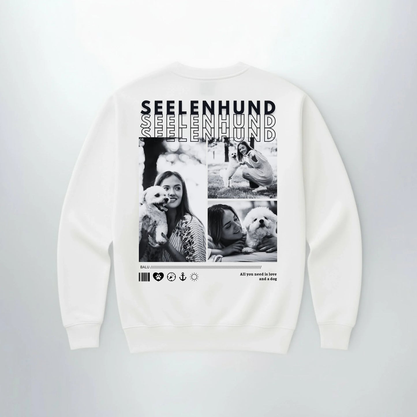 Personalisierter Sweater "Seelenhund" - backprint mit nostalgischen Fotos von Hundebesitzern und ihren Haustieren.