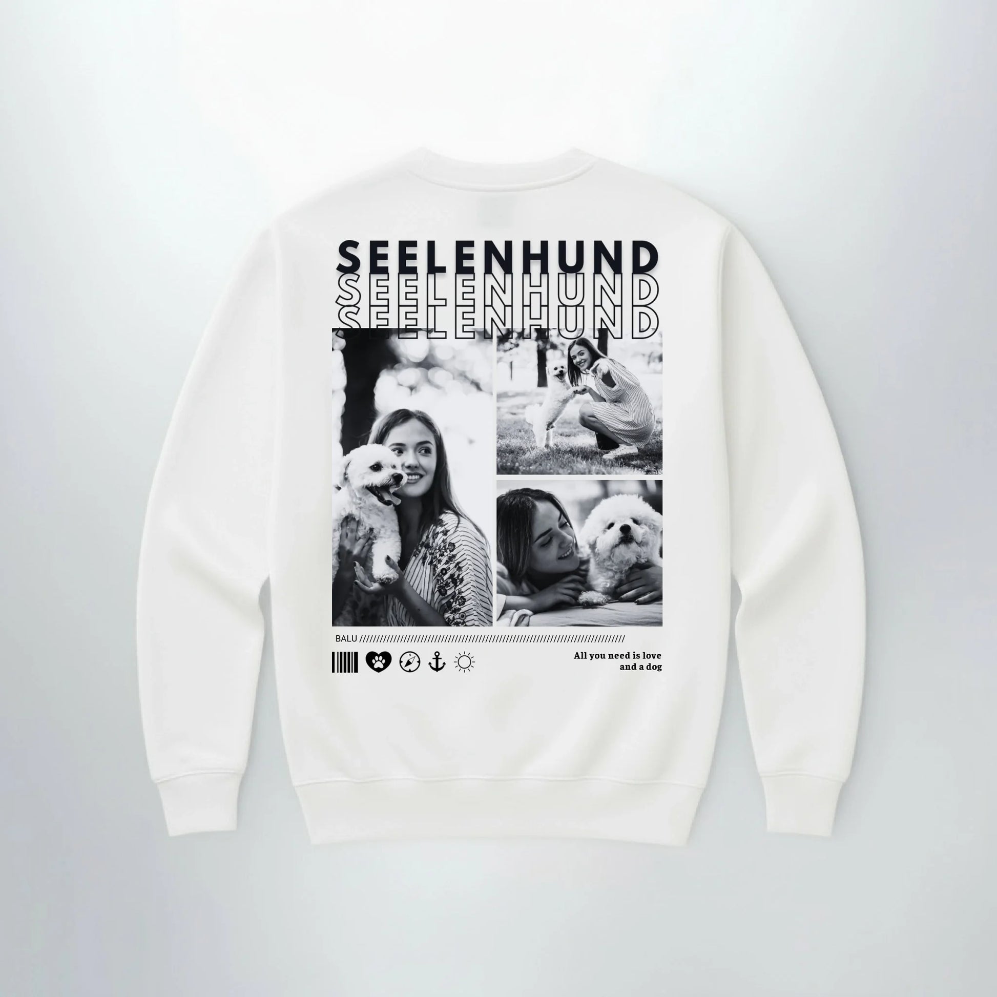 Personalisierter Sweater "Seelenhund" - backprint mit nostalgischen Fotos von Hundebesitzern und ihren Haustieren.